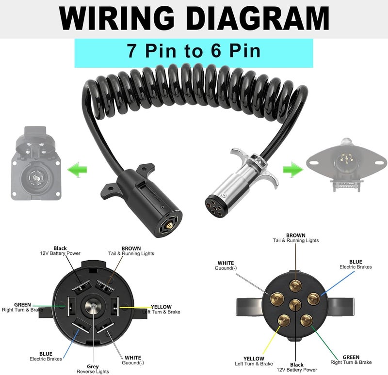 CXTM 7 Pin to 6 Pin Trailer Adapter, Coiled Trailer Cord Stretches to 6 Feet,7-Wire to 6-Wire Coiled Cable RV 7 to 6 Trailer Wiring Extension Cord - Image 5